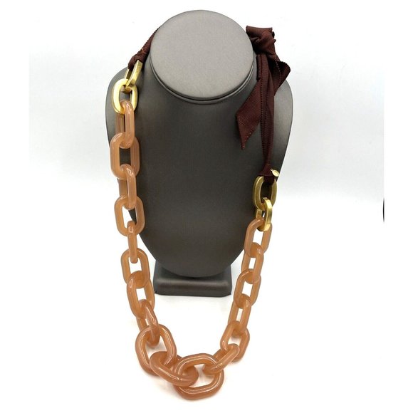 J Crew Nude Pink Lucite Ribbon Necklace Chunky Link Statement Necklace 28" - Picture 6 of 9